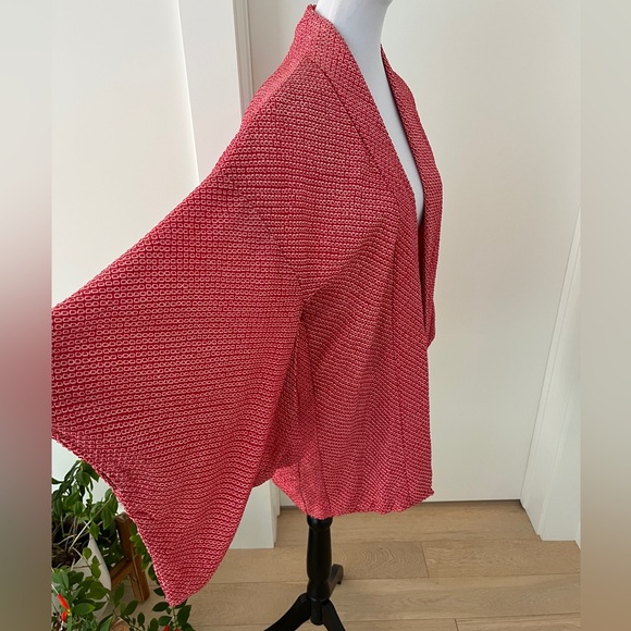 HAORI Kimono Sleeve Japanese Jacket Red Textured Fabric Jacquard Floral Lining - Picture 7 of 16